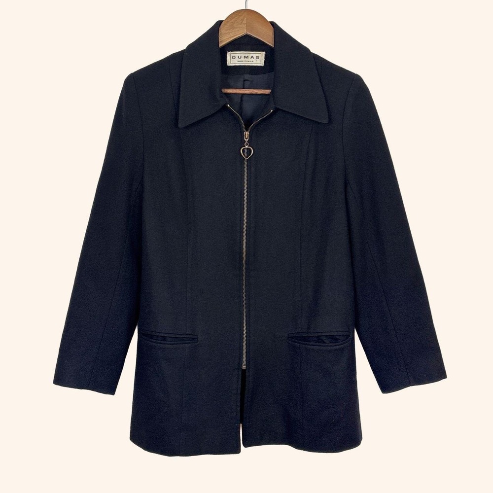 Vintage Black Wool Zip-Up Jacket with Heart Zipper
